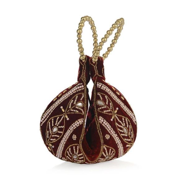 Embroidered Velvety Leaf Pattern Potli Maroon - Picture 1 of 3